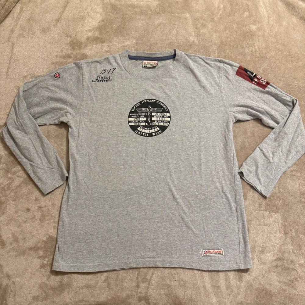 Red Canoe Boeing B-17 Flying Fortress Long Sleeve Shirt Mens L Grey Aviation TEE